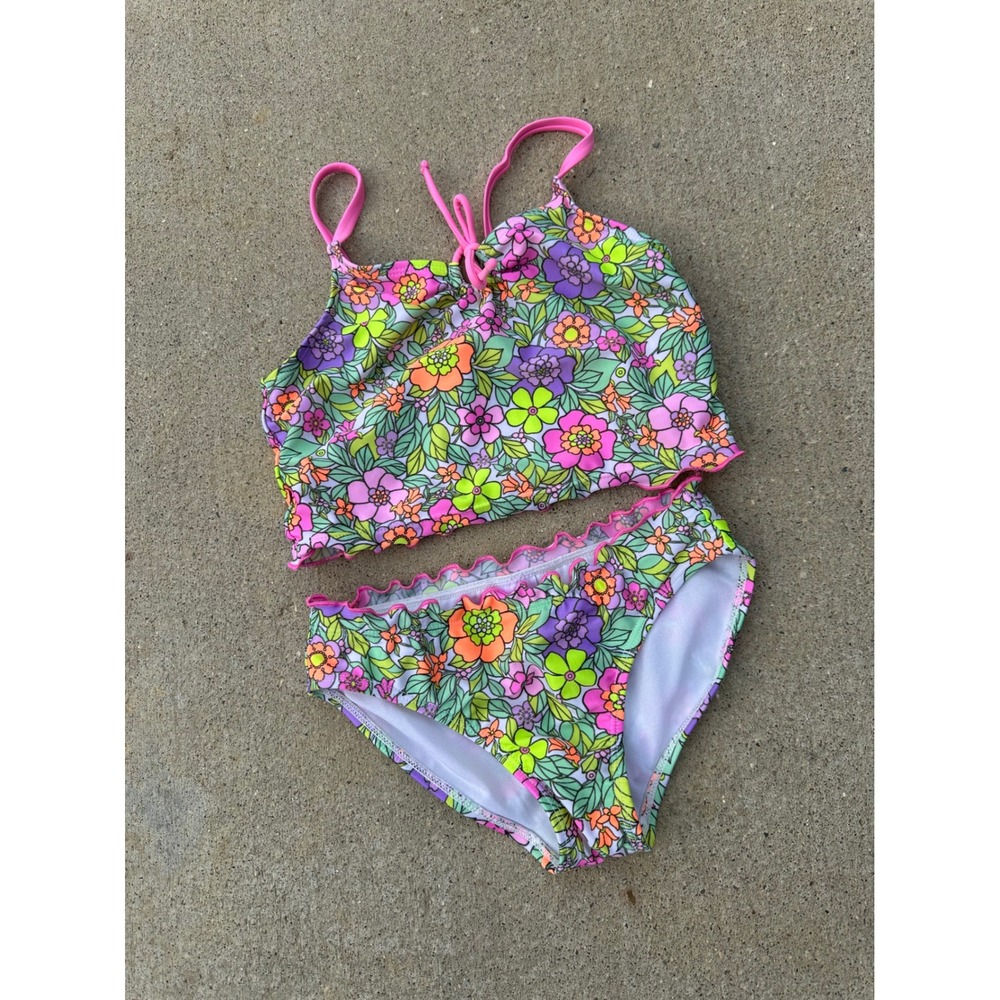 Cat & Jack Girls Floral Tankini Swimsuit Set Pink Purple Orange Size S 6/7
